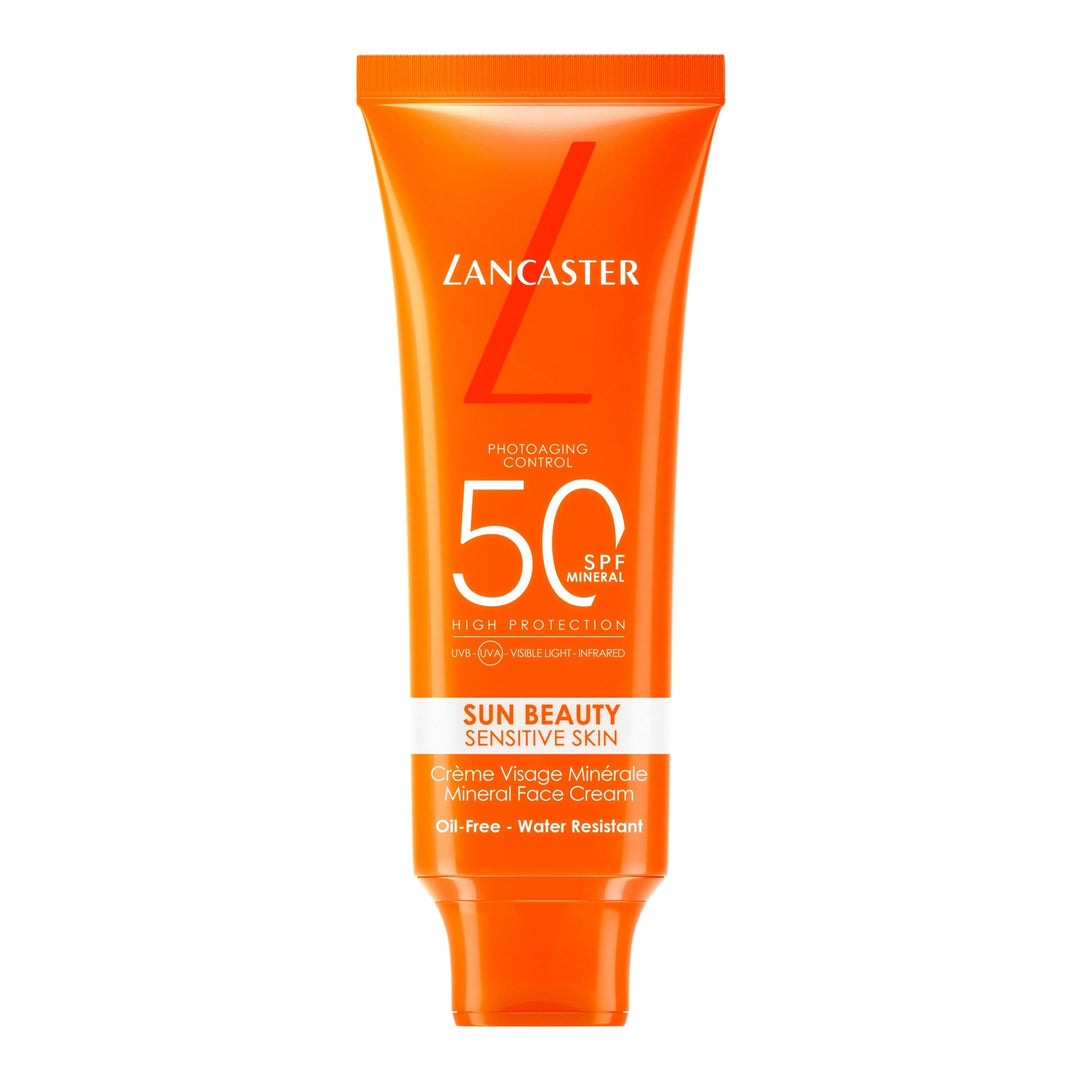 Lancaster Sun Beauty Mineral Face Cream SPF50 tube, lightweight mineral sunscreen for sensitive skin