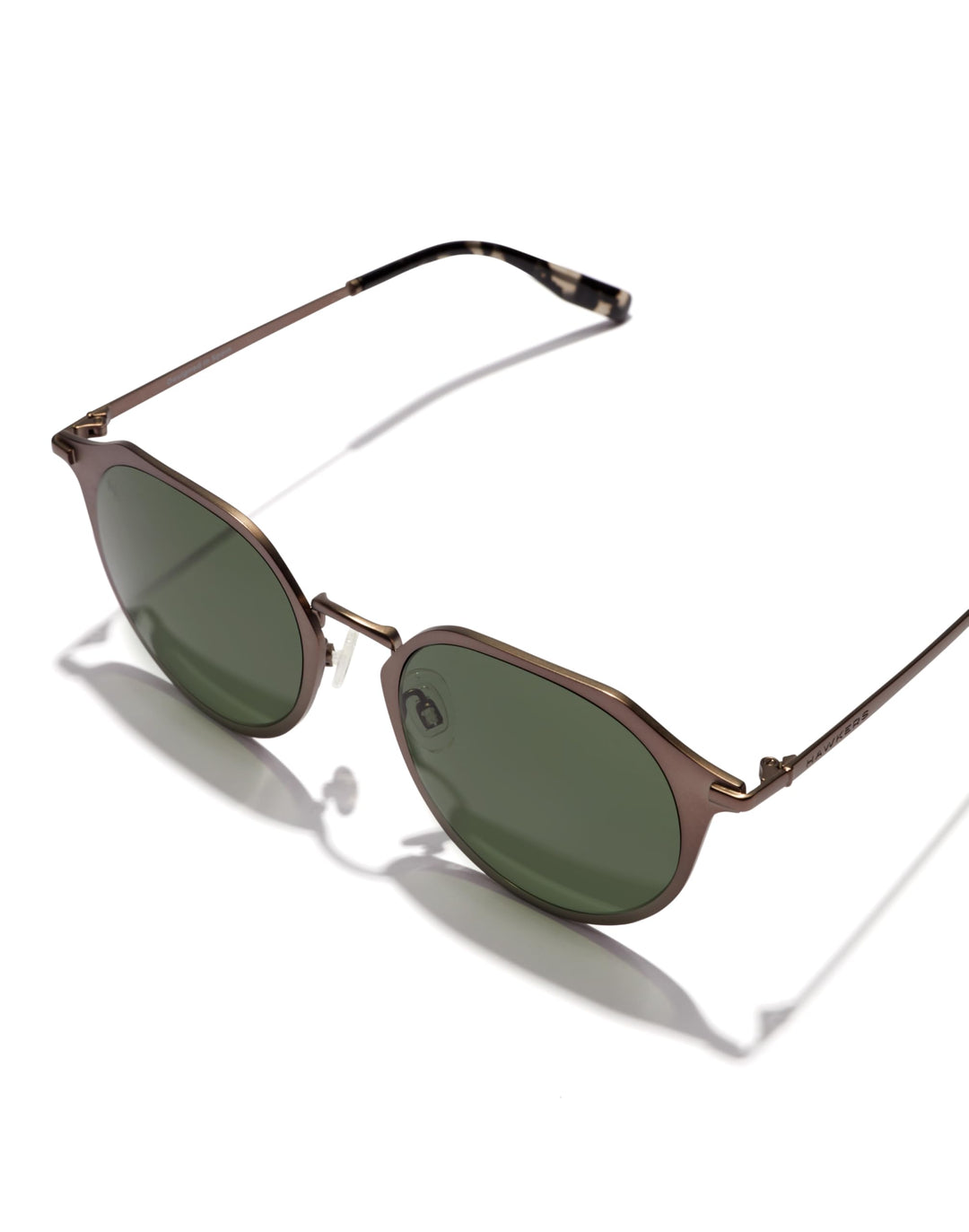 Matte brown metal round sunglasses with dark green lenses, thin frame, keyhole bridge — Hawkers