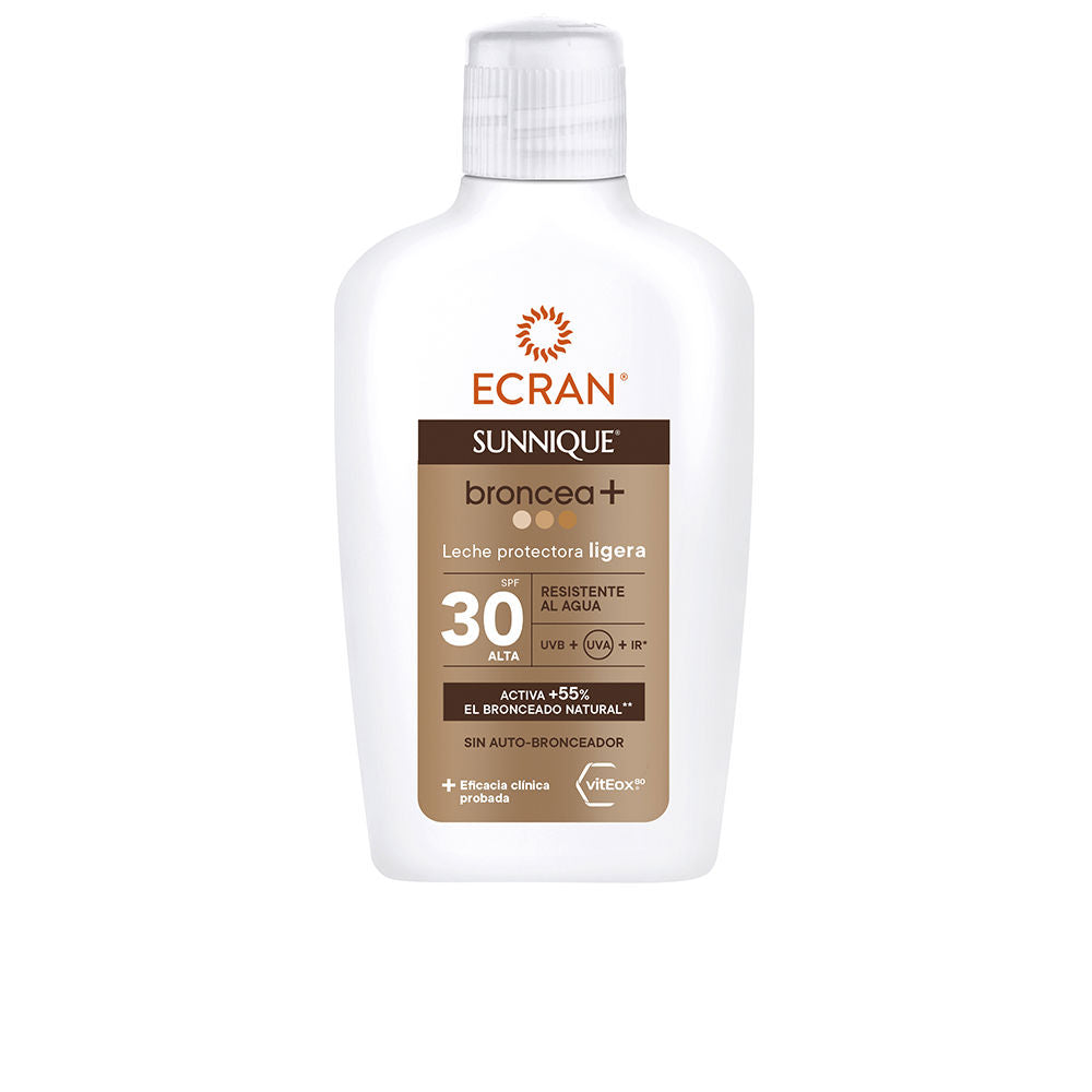 Bottle of Ecran Sununique Tanning Milk SPF 50, lightweight sun protection milk