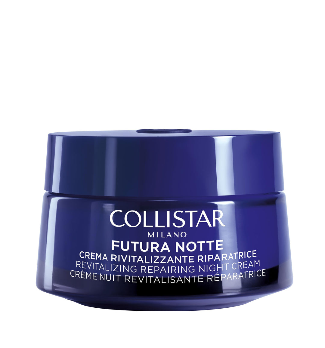 Creamy white night cream in a round jar with smooth surface, Collistar, rich texture visible