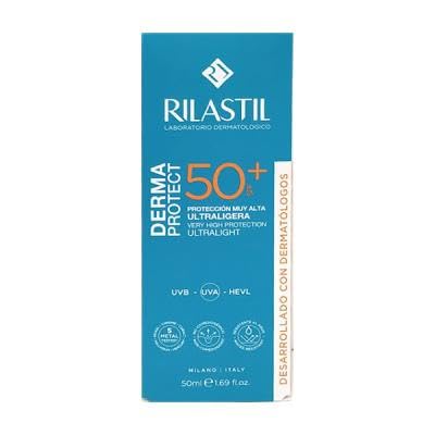 Rilastil DERMAPROTECT 50+ sunscreen emulsion tube with minimal white packaging and blue label accents