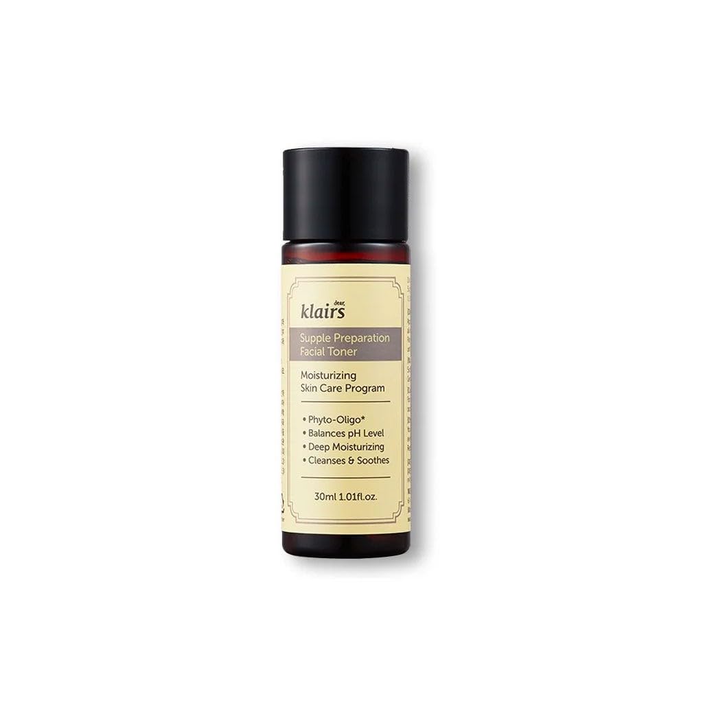 Klairs 30 mL cylindrical plastic toner bottle with black screw cap, cream label and blue panel.