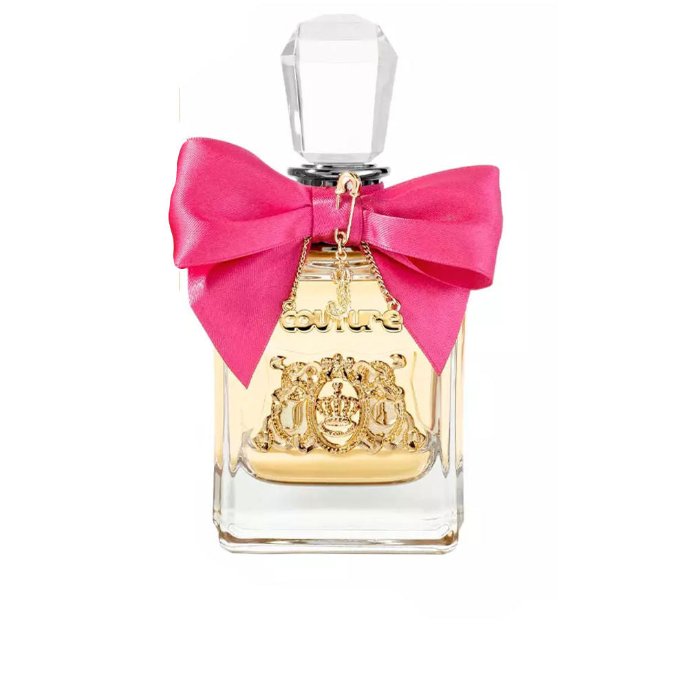 Juicy Clear glass perfume bottle with faceted cap, gold emblem, large pink fabric bow and chain charm