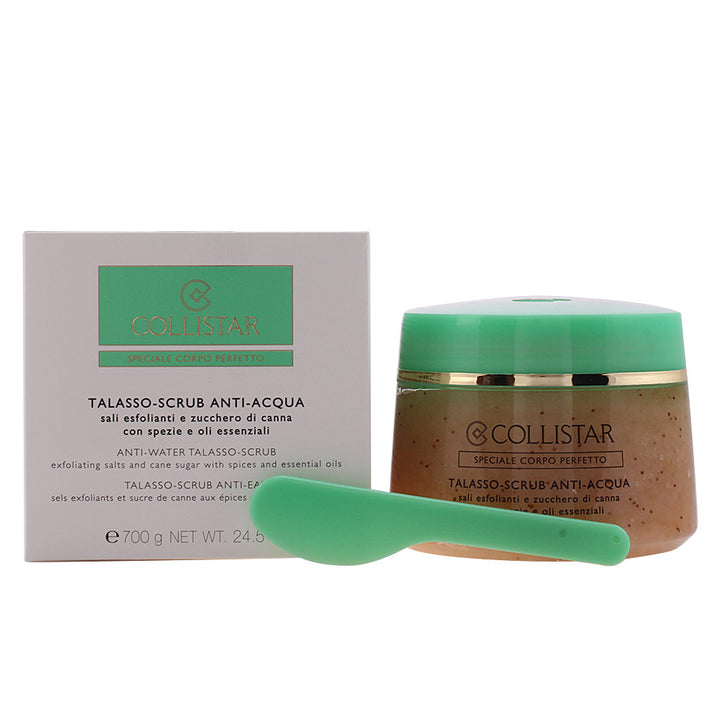 Collistar body scrub in green, beige and gold jar with screw lid, spatula, speckled scrub visible
