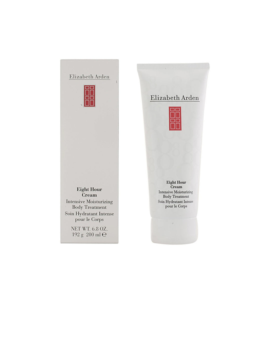 Elizabeth Arden Minimalist white body cream tube and box with red door logo, black text, plastic tube, cardboard box