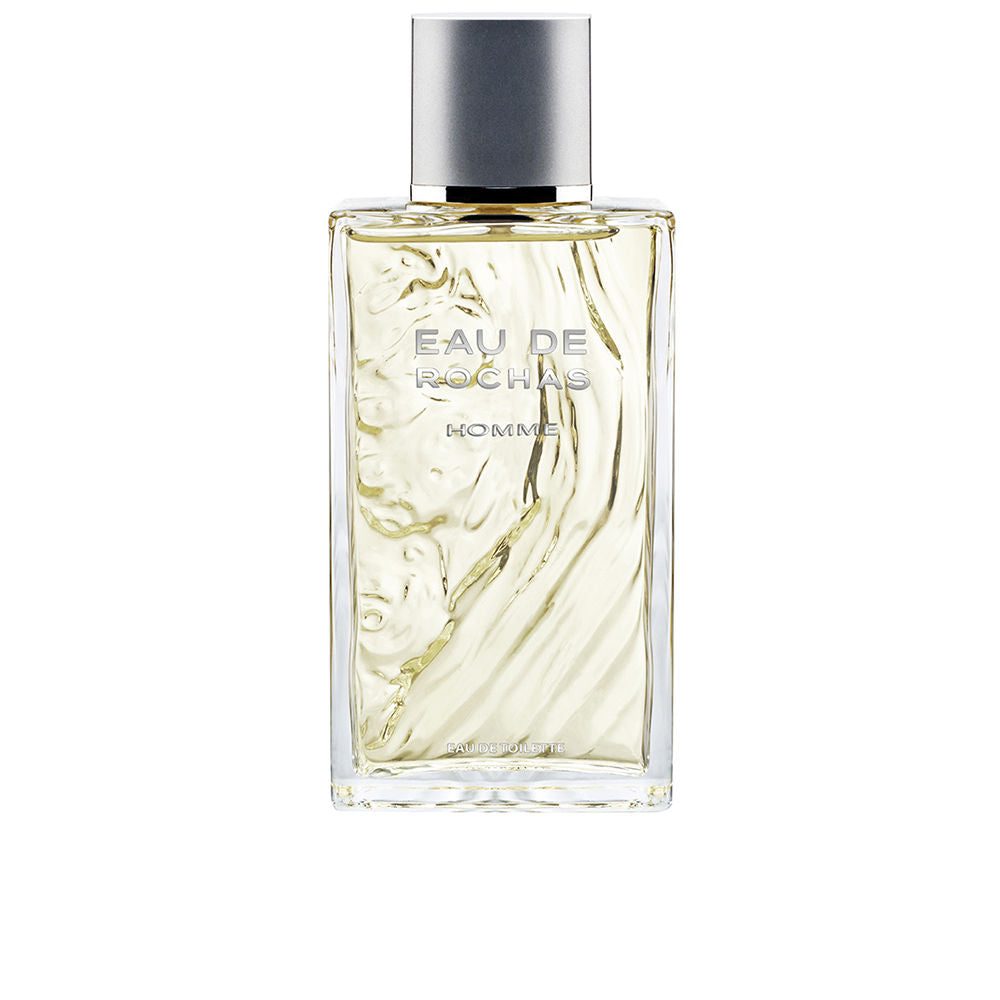 Sculptural clear bottle of Eau de Rochas Homme with fresh citrus-aromatic fragrance