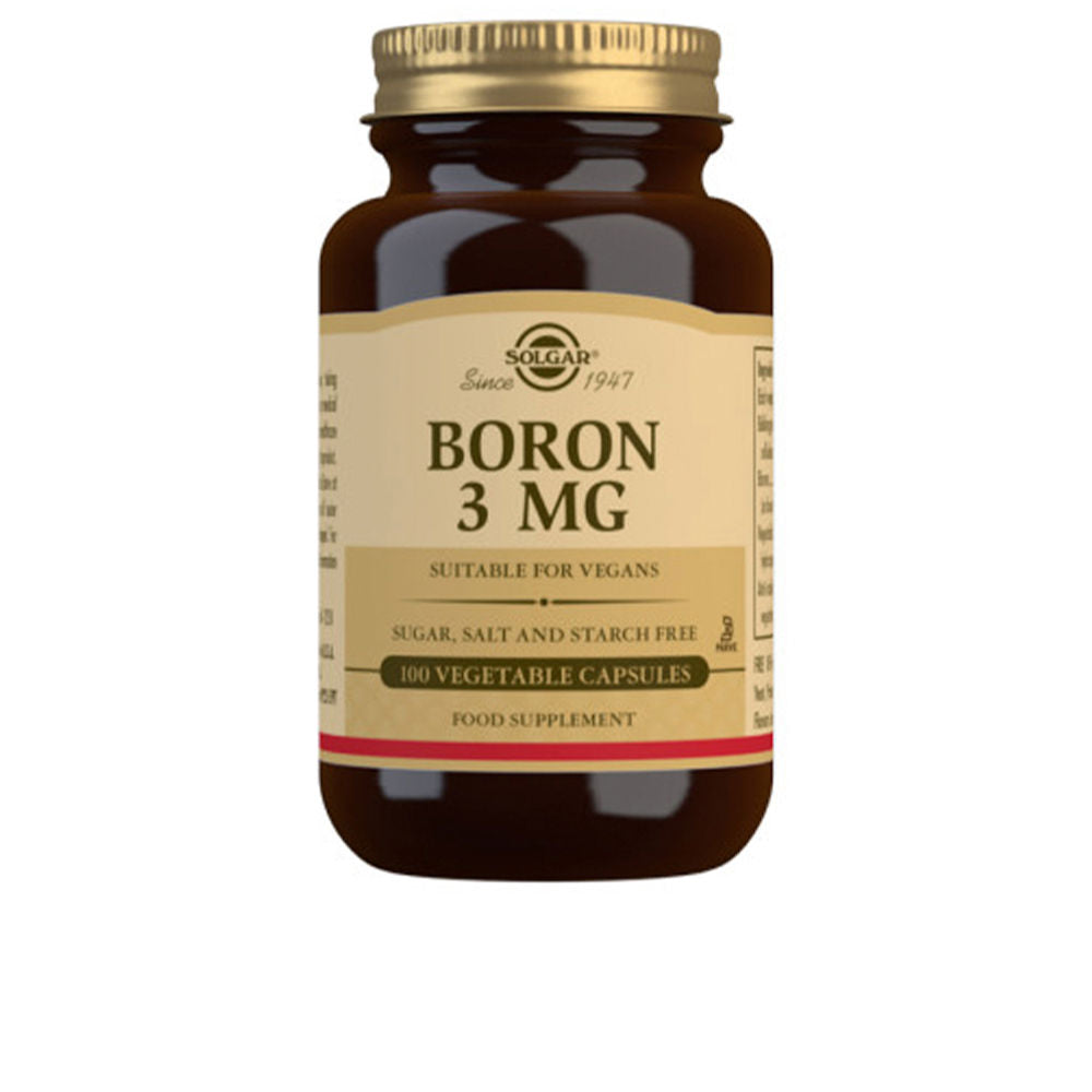 Frasco de cápsulas vegetales de boro 3 mg, etiqueta Solgar, apto veganos y sin gluten