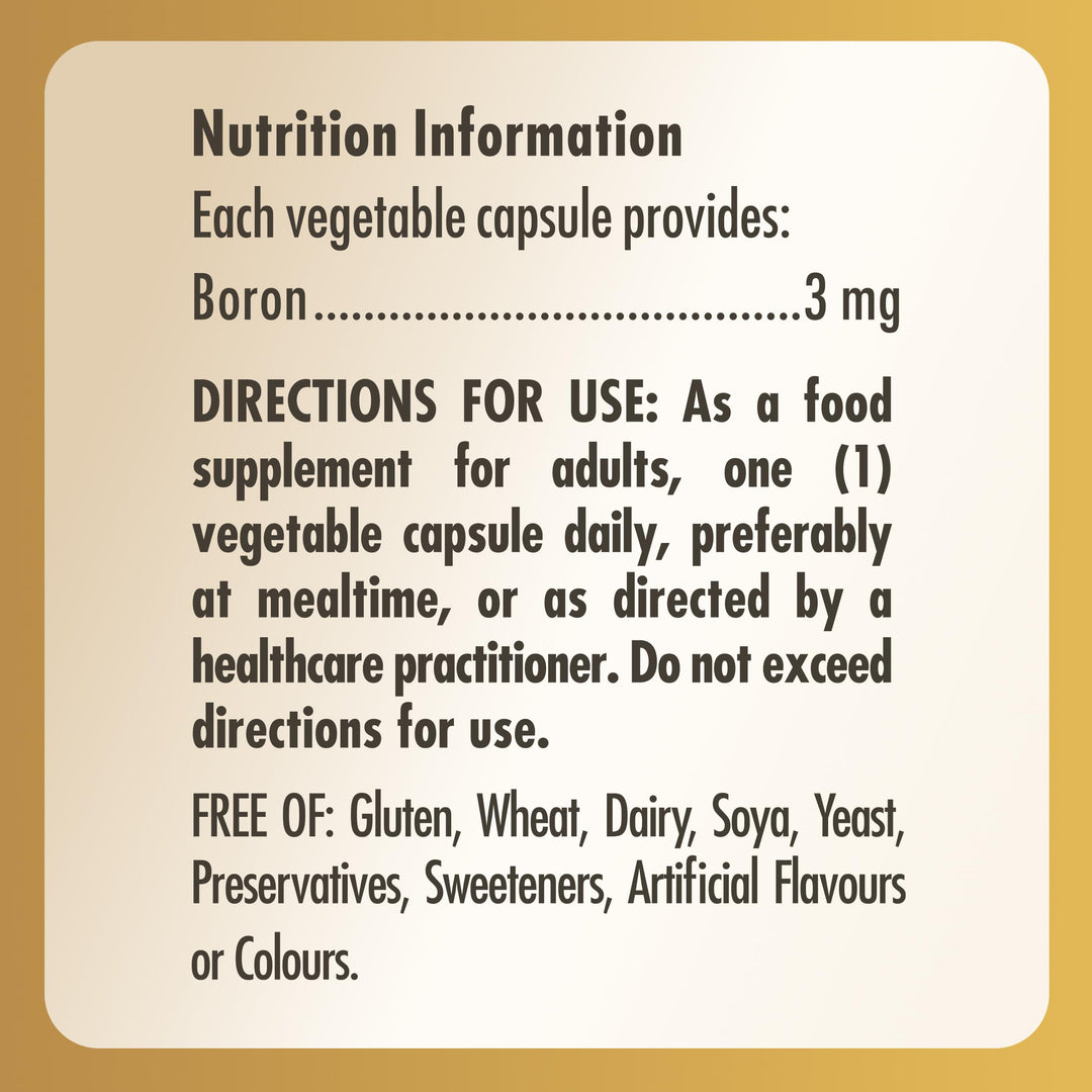 Frasco de cápsulas vegetales de boro 3 mg, etiqueta Solgar, apto veganos y sin gluten
