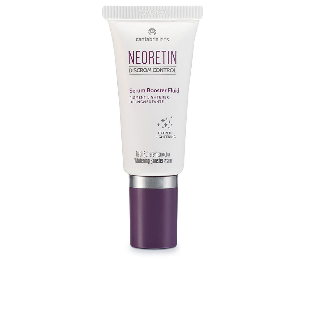 Slim glass bottle of Neoretin Discrom Control booster serum on neutral background