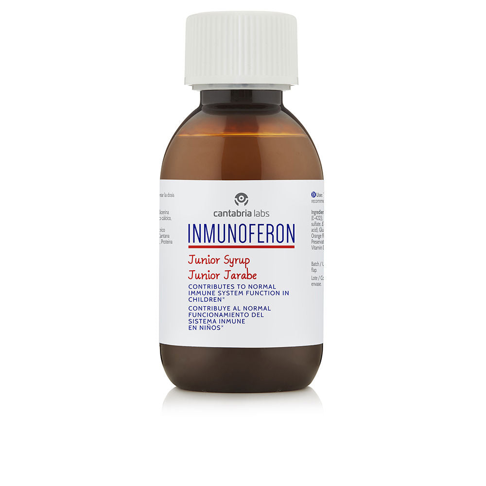 Inmunoferon Brown plastic syrup bottle with white screw cap and printed white label, multilingual text, small size