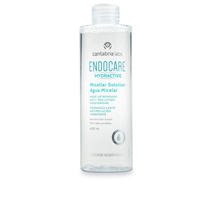 Transparent 400 ml micellar cleansing water bottle, labelled for sensitive skin