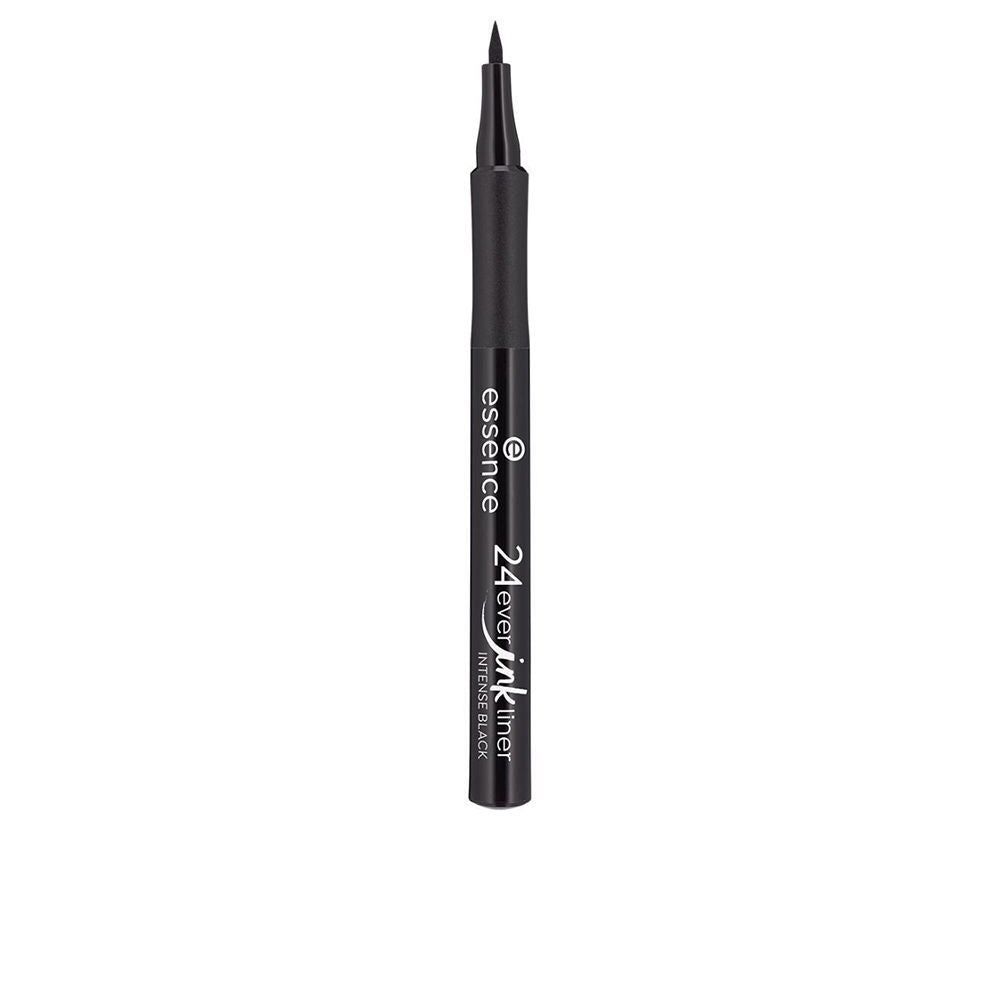 Sleek black felt-tip eyeliner pen, slim matte-and-gloss body with white printed text, Essence