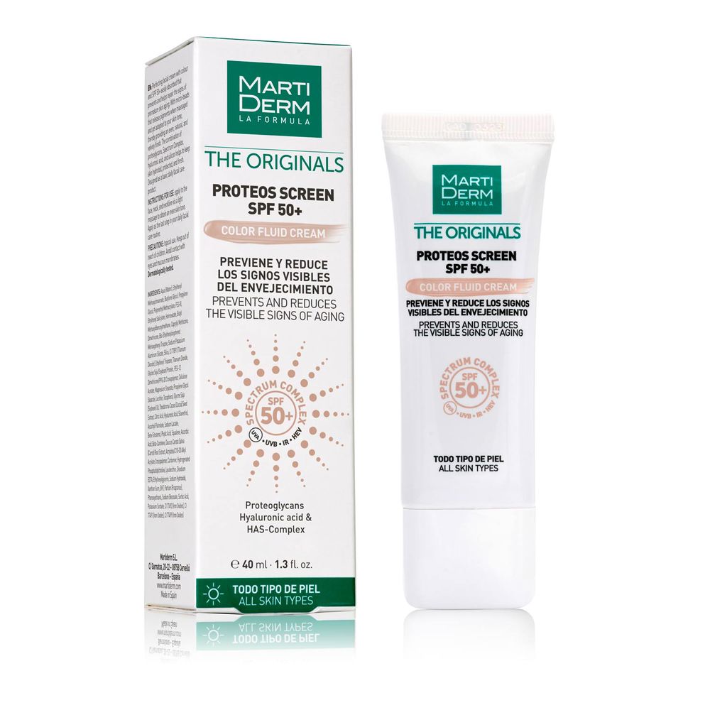 Martiderm Tinted color fluid cream in white, green, beige tube and box; minimalist plastic tube, sun protection symbol