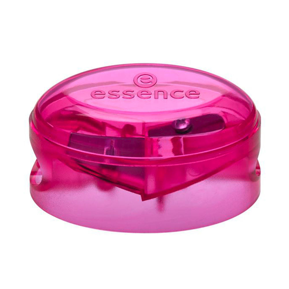 Essence Compact pink plastic dual pencil sharpener with two side holes, transparent body and embossed logo text