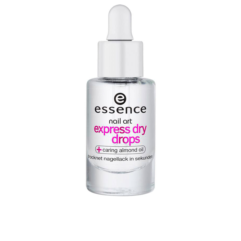 Essence Clear glass dropper bottle with white cap and printed text, showing transparent quick-dry nail drops