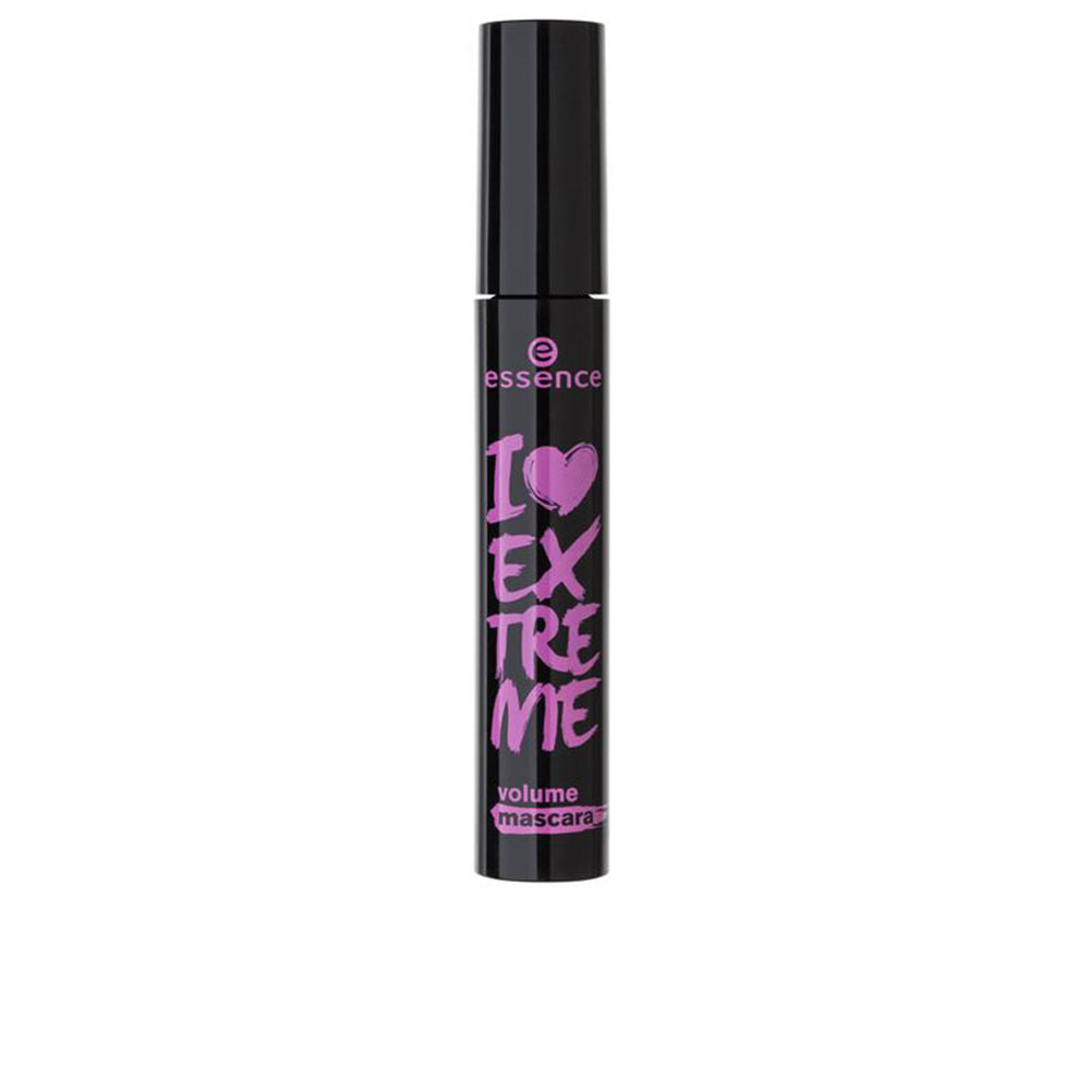 Essence Black plastic cylindrical mascara tube with matte finish, pink bold text and compact size