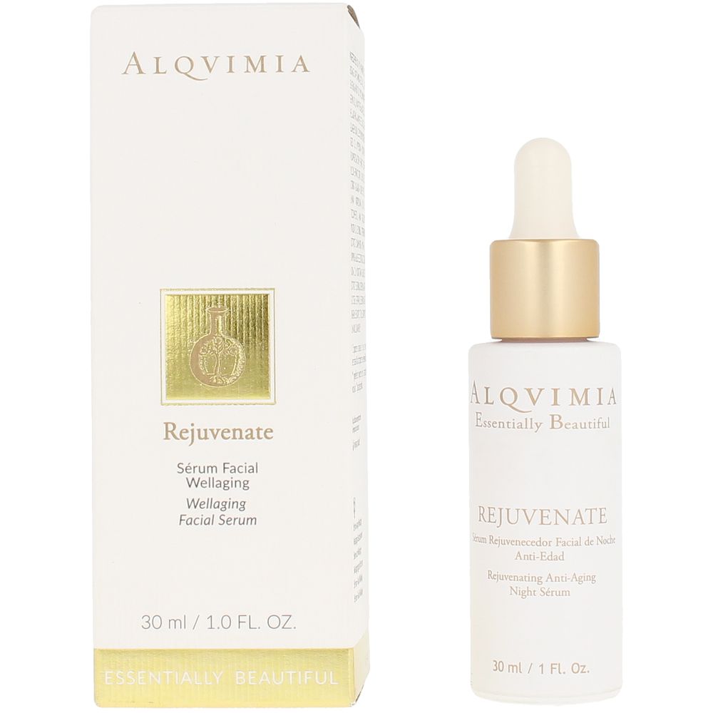 Alqvimia Glass facial serum bottle with dropper, white and gold finish, gold foil logo, rectangular box