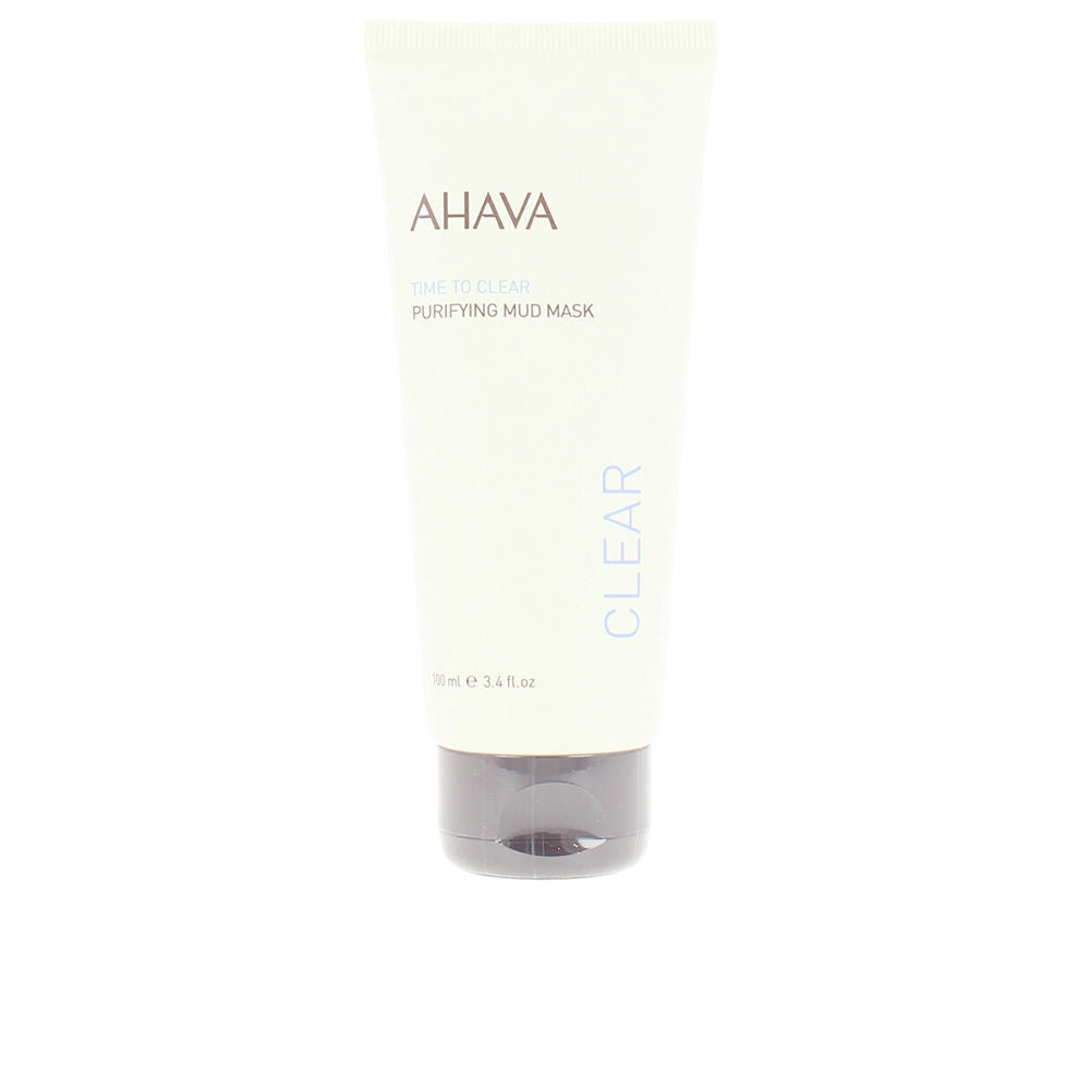 Ahava Minimalist plastic tube with flip cap containing white and brown purifying mud mask, clean texture