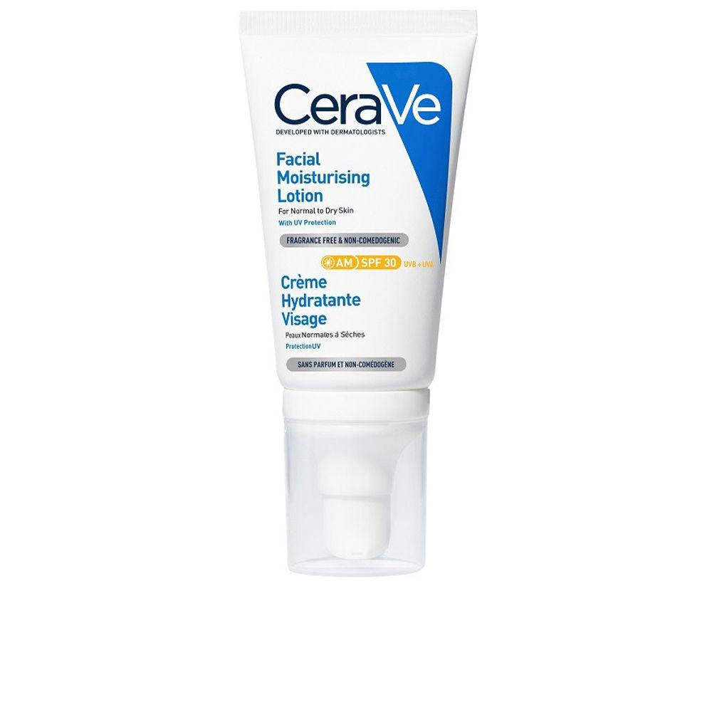 White plastic pump lotion bottle with blue and yellow accents, opaque tube and clear cap, Cerave