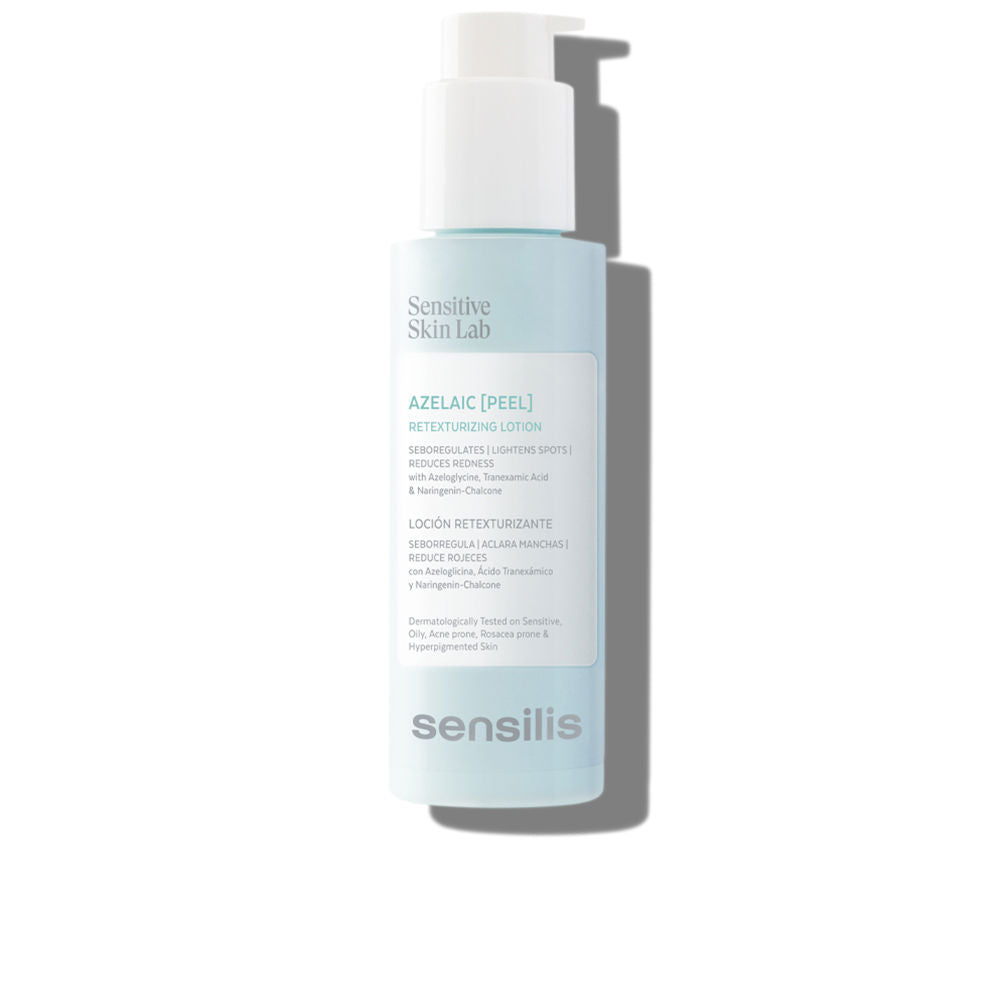 Slim frosted bottle of Sensilis Azelaic [Peel] retexturizing lotion on neutral background