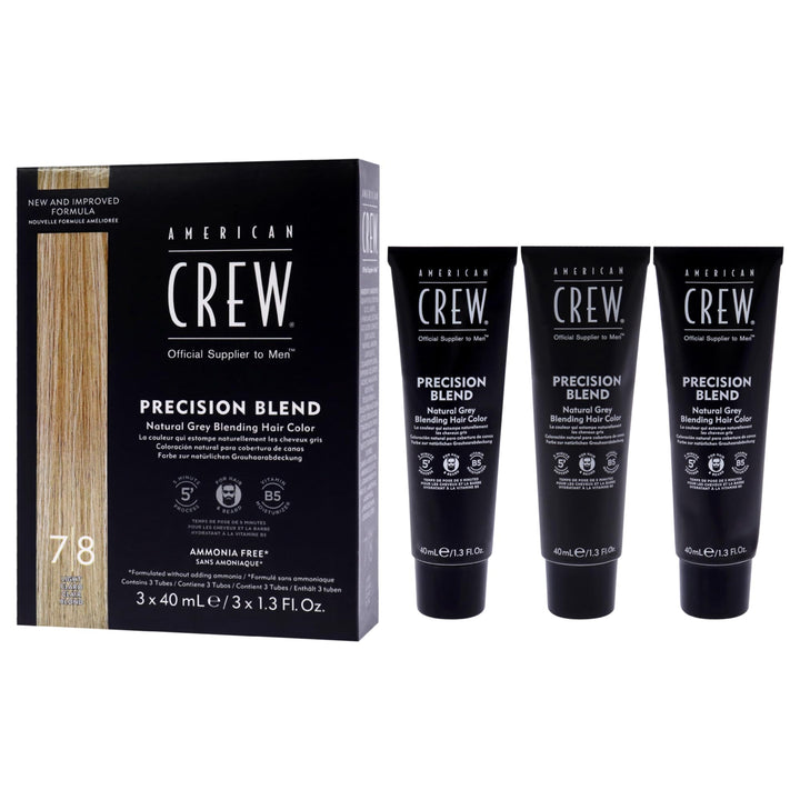 Three cream hair colour tubes in warm blonde shade, box and conditioner