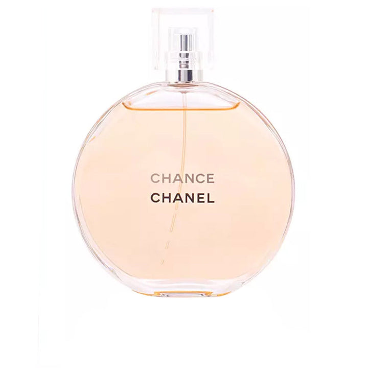 Round glass bottle of Chance by Chanel Eau de Toilette with translucent golden liquid
