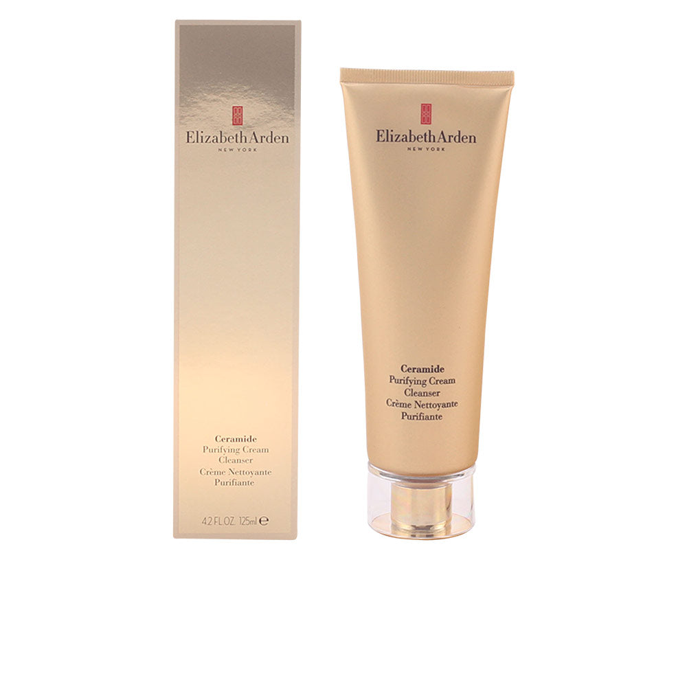 Elizabeth Arden Beige plastic tube facial cleanser with clear cap, printed text and minimalist rectangular box