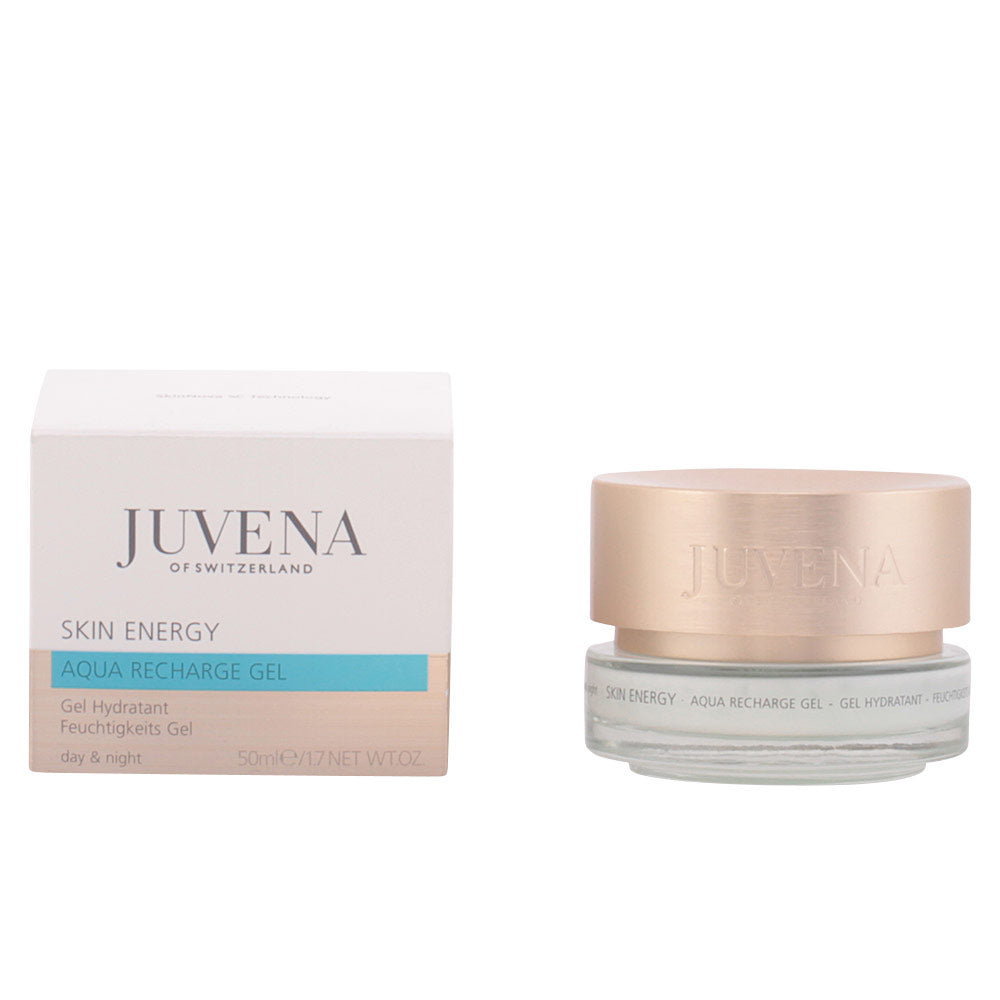 Juvena Minimalist glass jar and box of white, beige, blue, gold skin care gel with screw lid