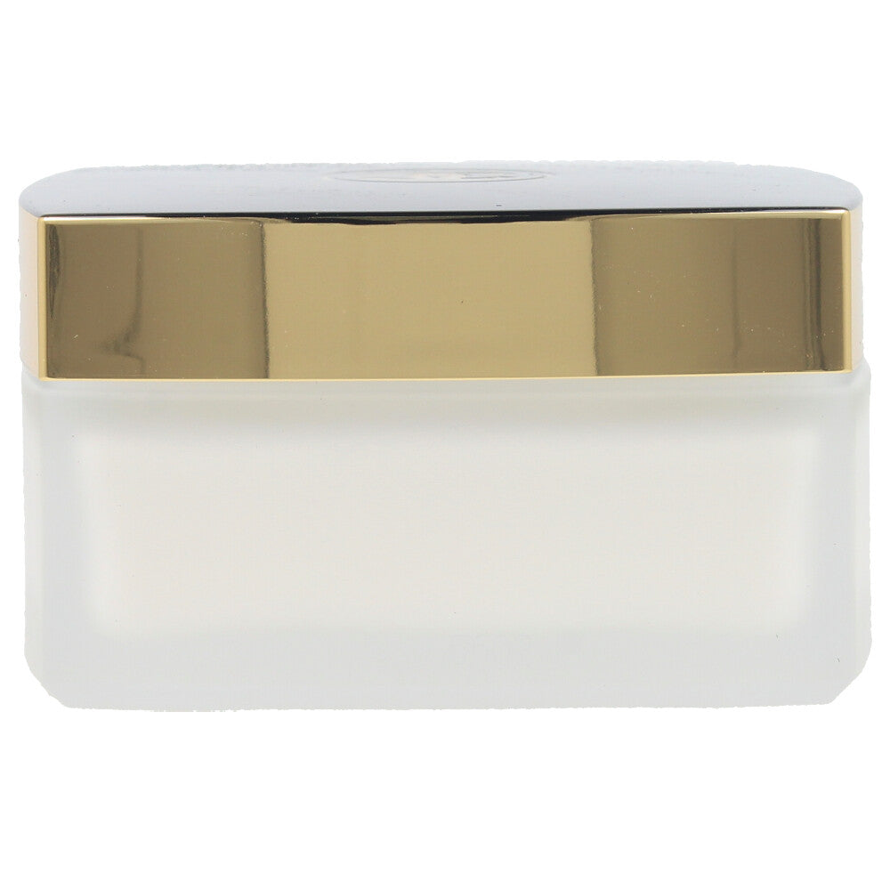 White frosted rectangular plastic cream jar with shiny gold flat-top lid, minimalist Chanel presentation
