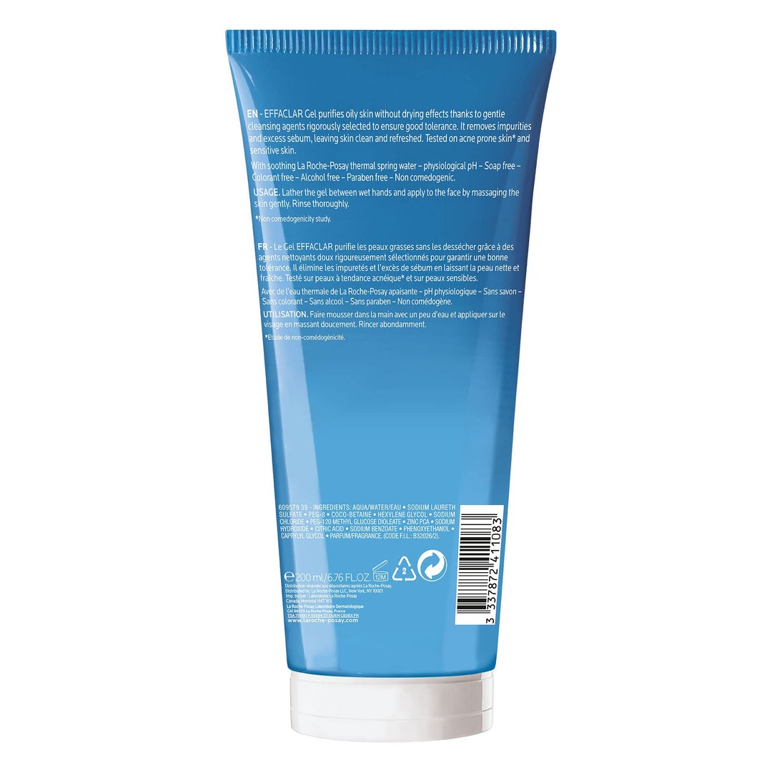 White plastic tube with blue cap and rectangular logo, front-printed text and flip-top cap, la Roche Posay
