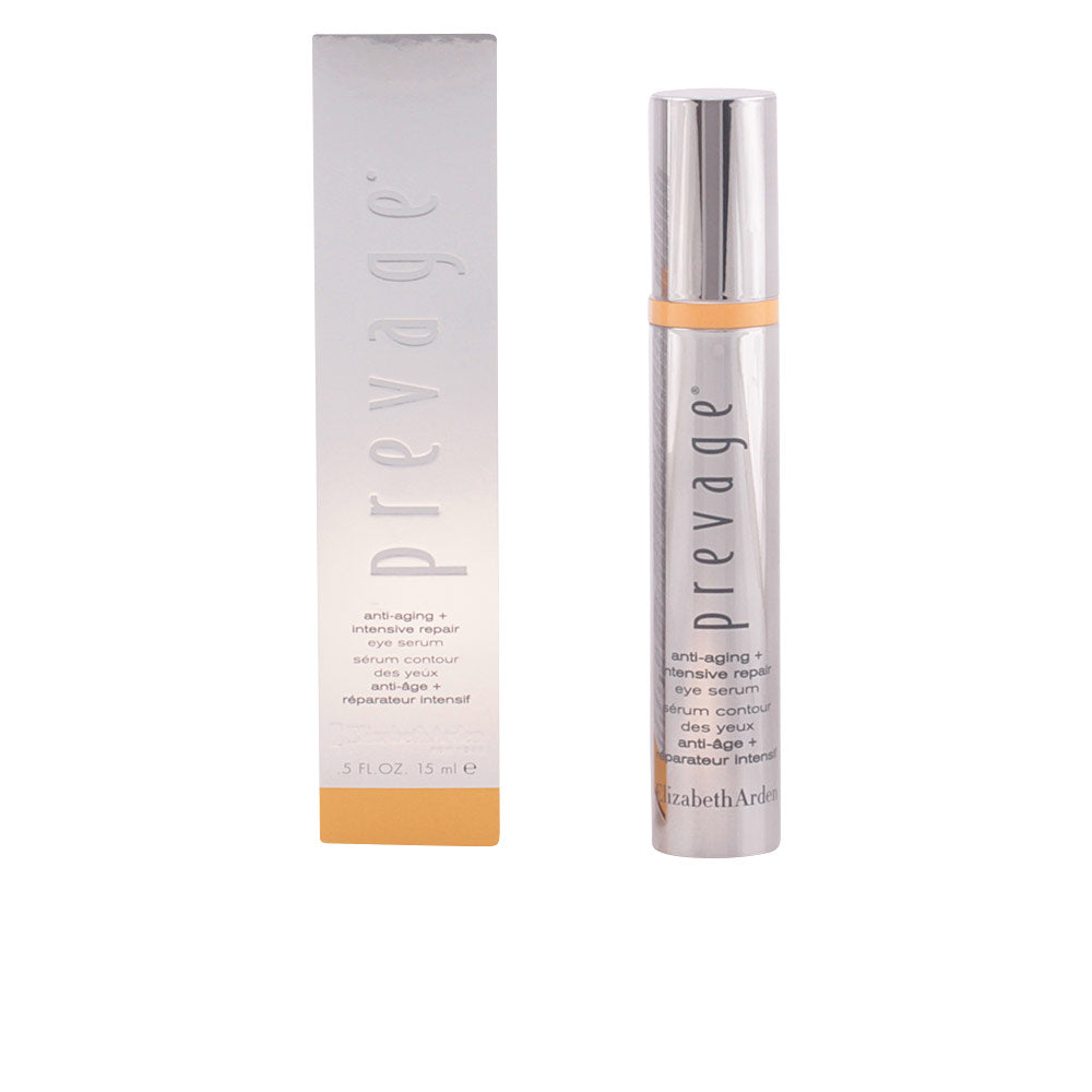 Elizabeth Arden Silver and orange cylindrical eye serum bottle with shiny metallic finish and box packaging, Elizabeth Jules