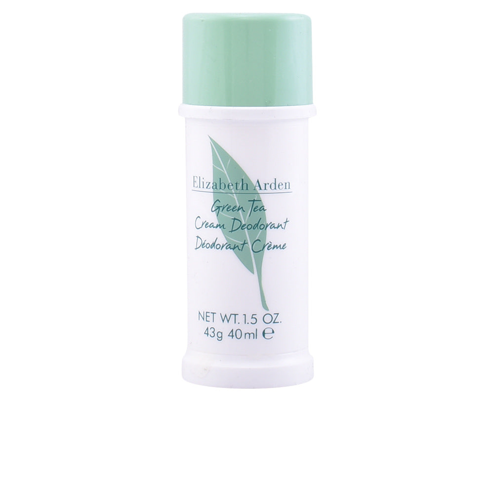 Elizabeth Arden White and light green plastic cylindrical cream deodorant with green leaf graphic, twist-up design, printed text