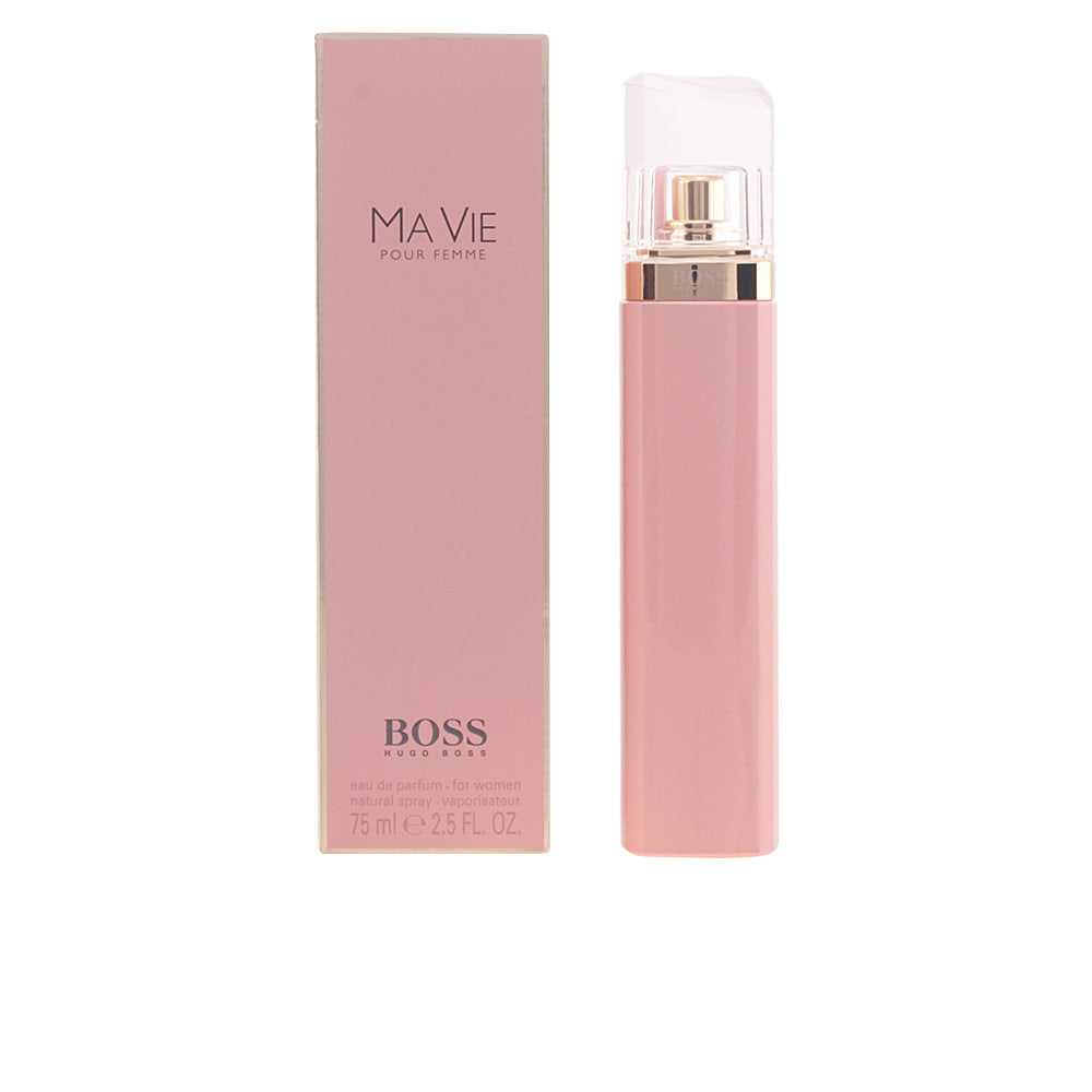 Soft pastel pink spray bottle with transparent cap, gold band and rectangular box, Hugo Boss-Boss