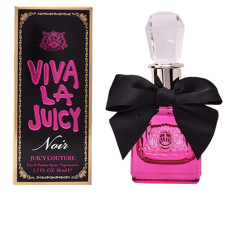 Rectangular pink glass perfume bottle with embossed crest, black fabric bow and faceted clear cap — Juicy