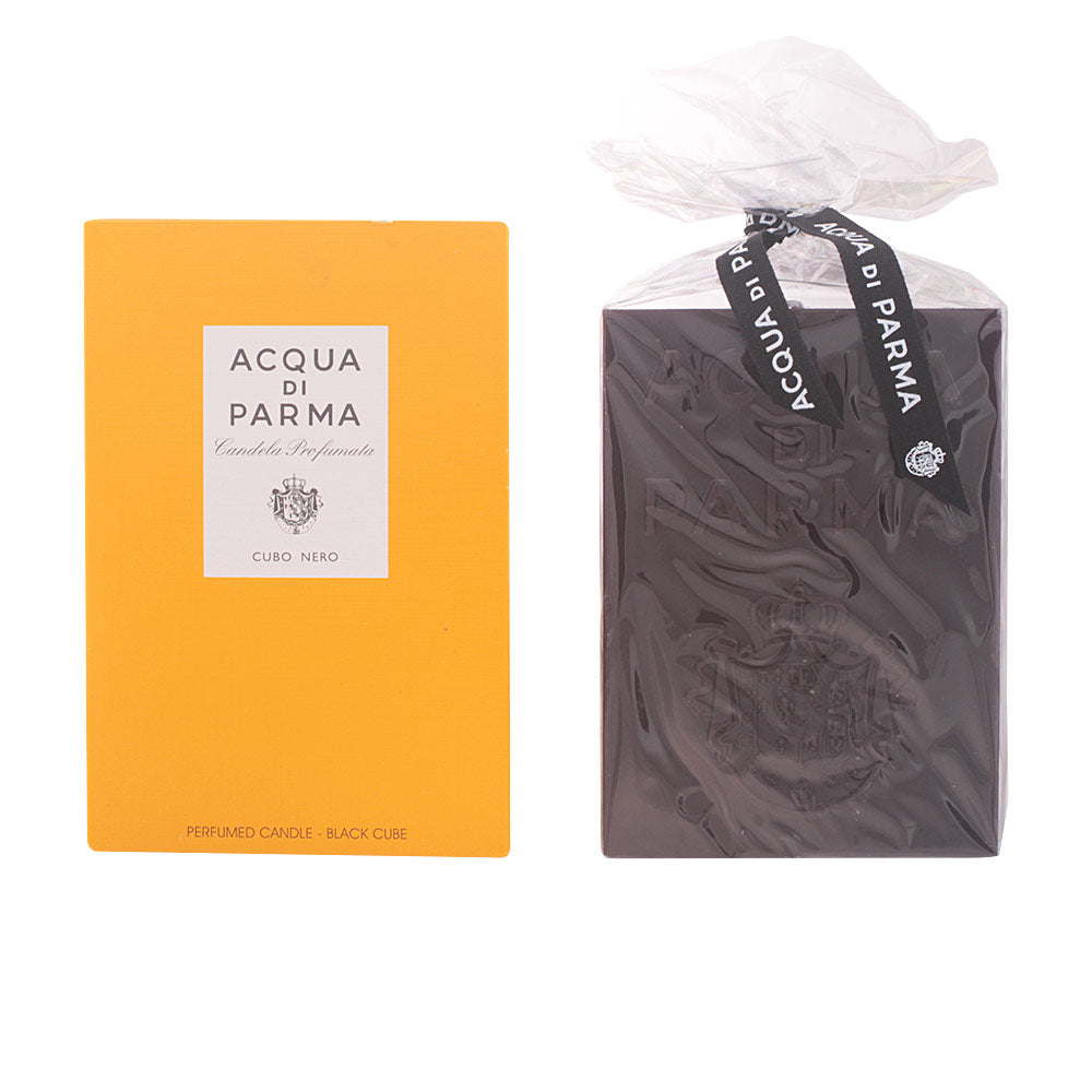Acqua di Parma Rectangular black cube perfumed candle wrapped in clear plastic, embossed logo, black ribbon, yellow box