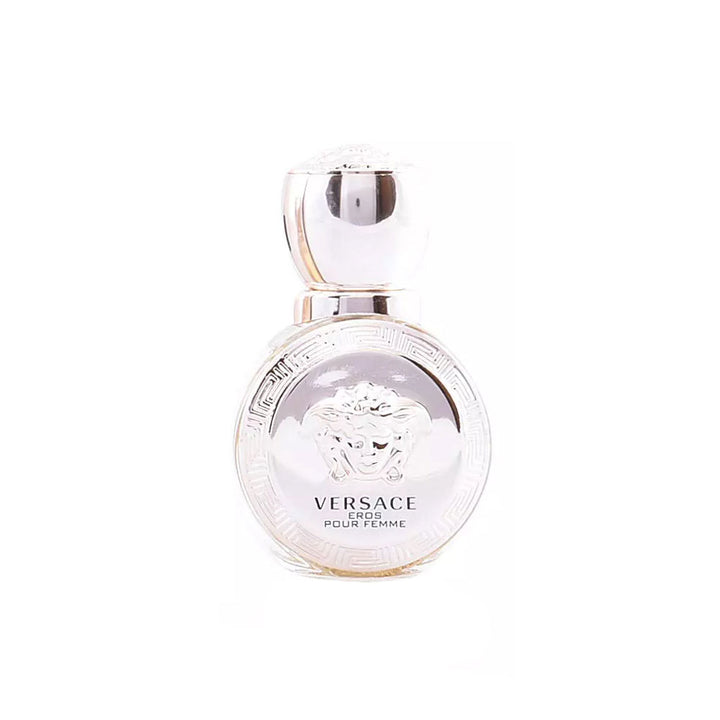 Round golden perfume bottle with Medusa motif, 30 ml, floral‑woody EDP