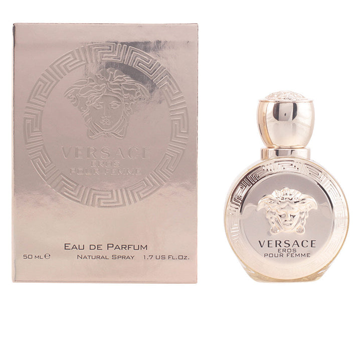 Round golden perfume bottle with Medusa motif, 30 ml, floral‑woody EDP