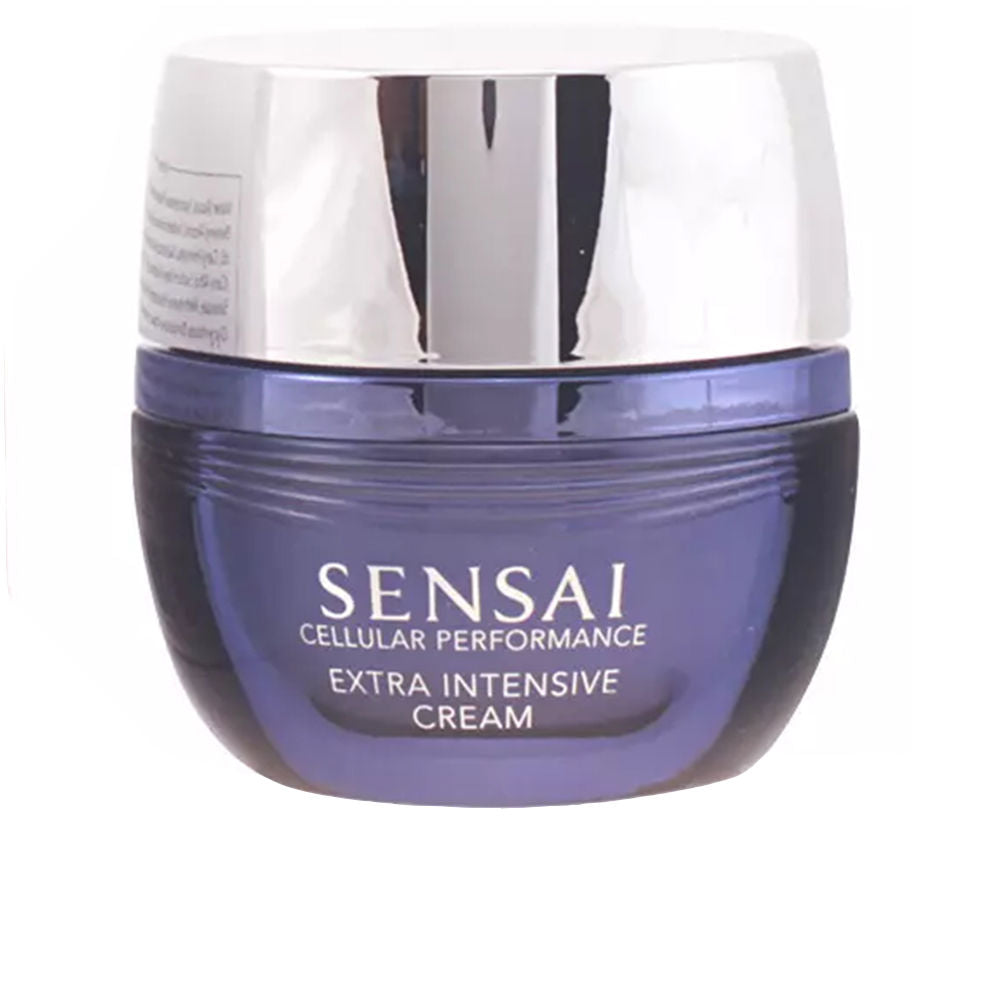 Sensai round blue and silver cream jar with ribbed texture and metallic lid, luxury modern finish
