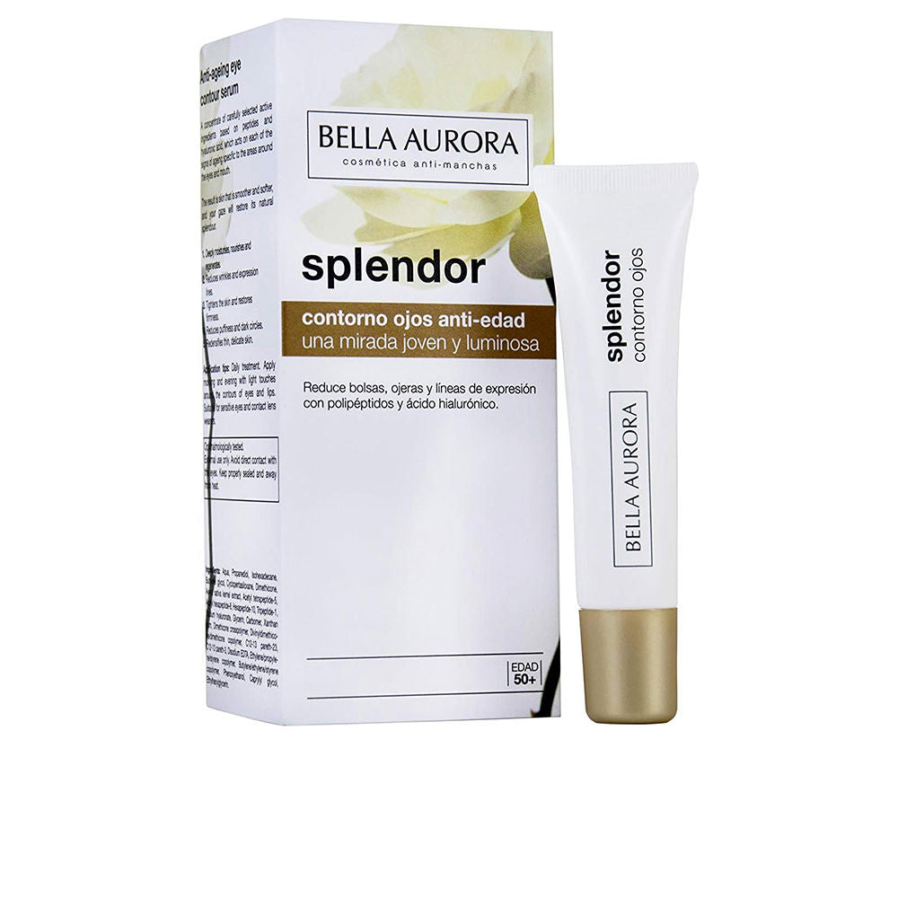 Sleek tube of Bella Aurora Splendor eye-contour gel with SPF15 on white background