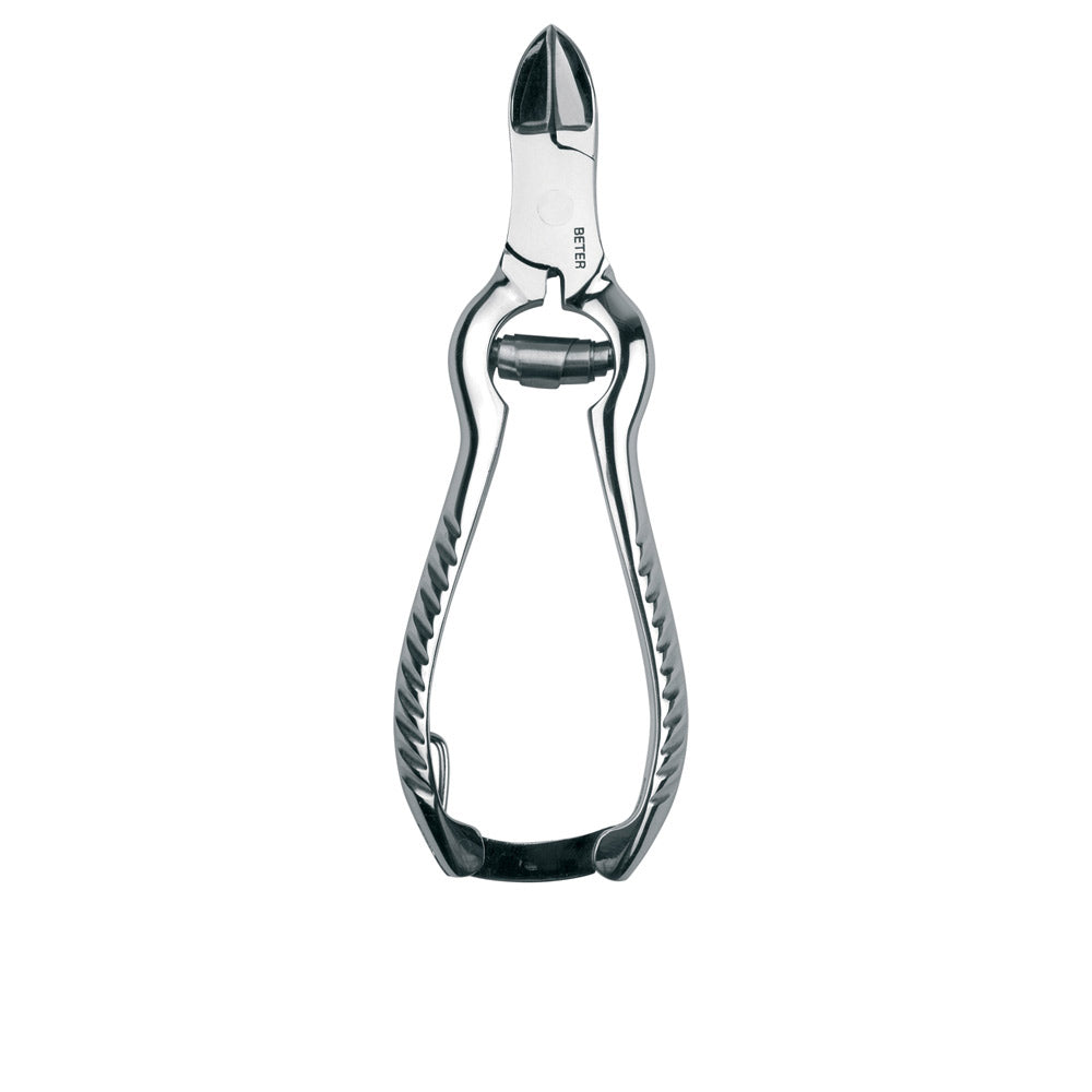 Beter Silver metal toenail clipper with spring mechanism, textured grip handles, cutting edges, hinged joint