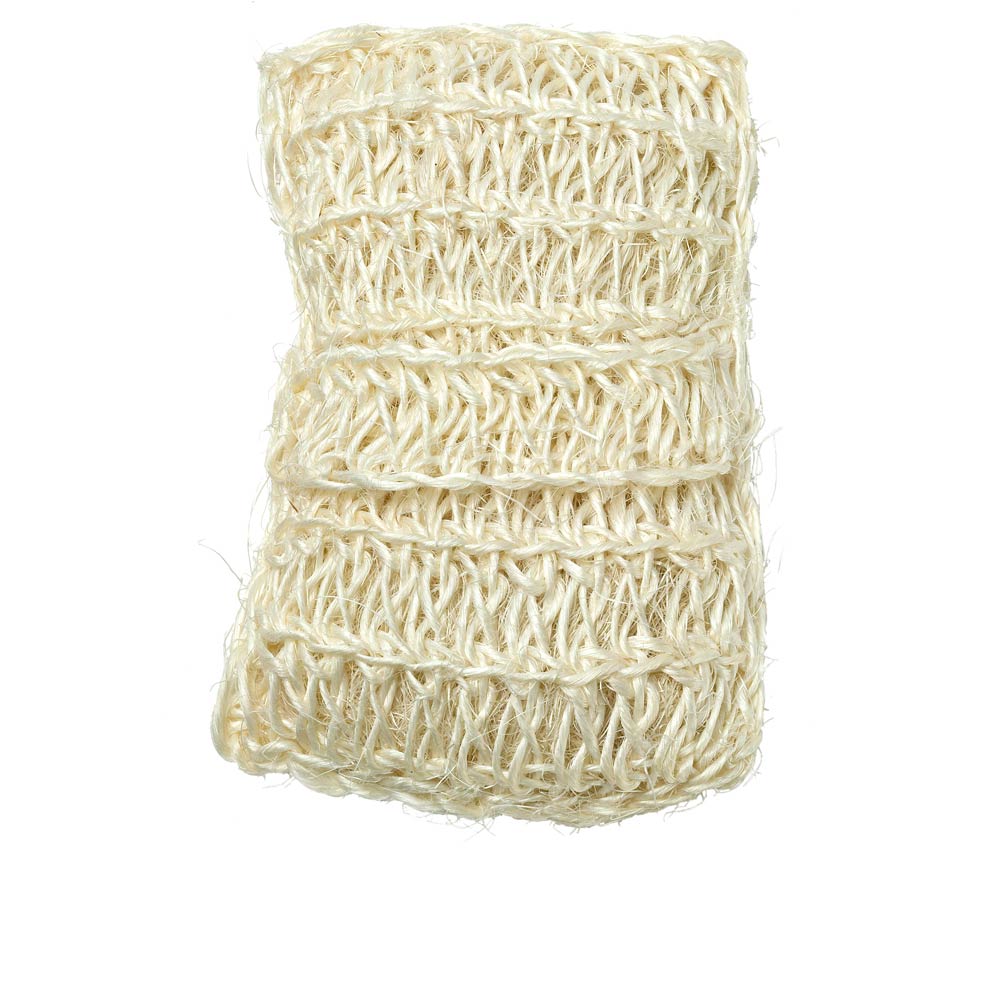 Beter Beige rectangular sisal body sponge with woven texture and loose knit fibrous strands — .