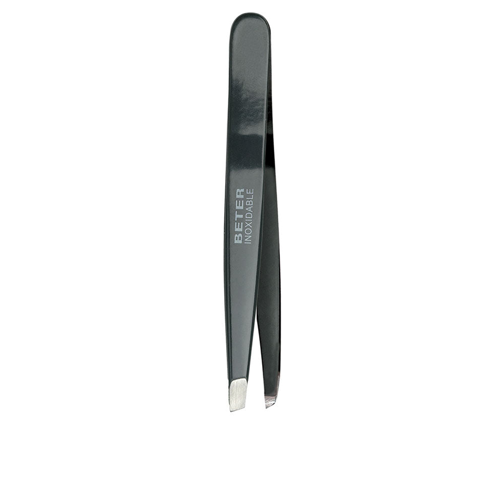 Beter Black enamel-coated stainless steel slanted tweezers with metallic tip edges and engraved text, flat body