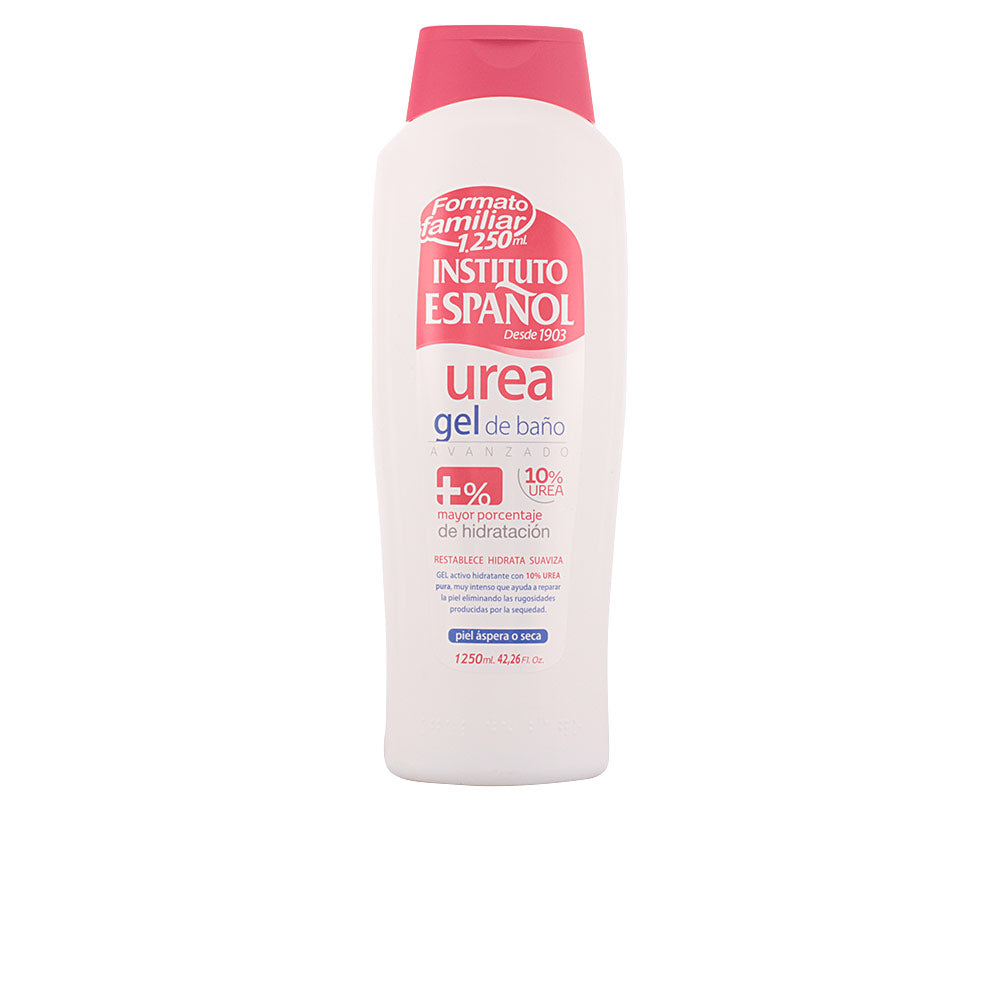 Instituto Español Plastic bath gel bottle with flip-top pink cap, printed label with red and blue text, 1250 ml indication