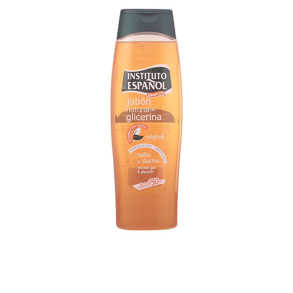 Instituto Español Transparent orange plastic shower gel bottle with black flip cap, curved shape and legible label
