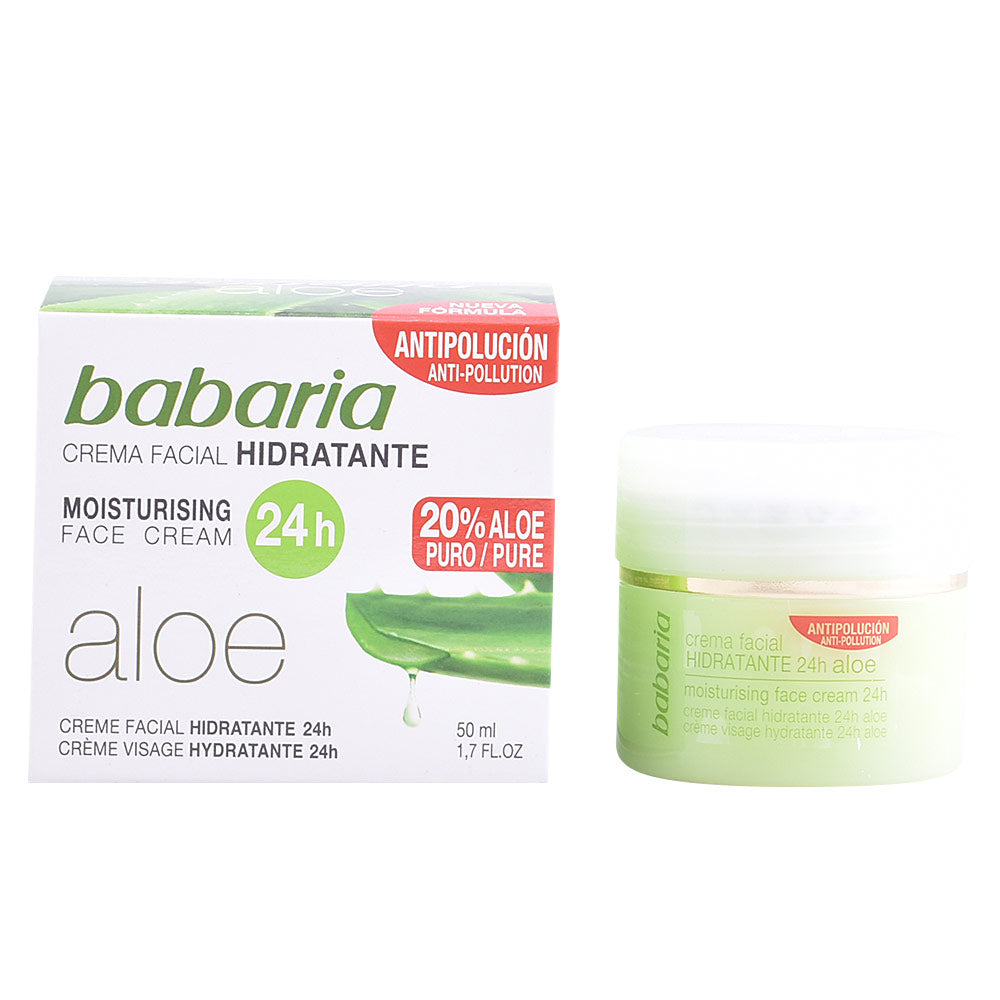 Green and white jar of 24-hour aloe face cream with red accents, labeled 20% aloe, Babaria
