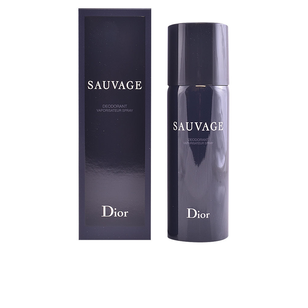 Can of Sauvage deodorant spray in matte dark packaging with Dior branding