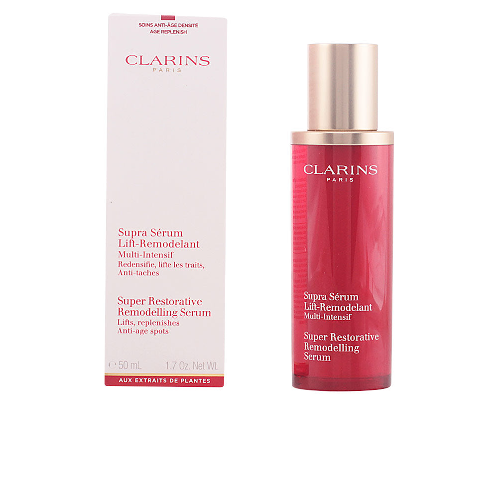 Clarins red and gold opaque plastic serum bottle with pump dispenser, modern sleek silhouette, refined finish.