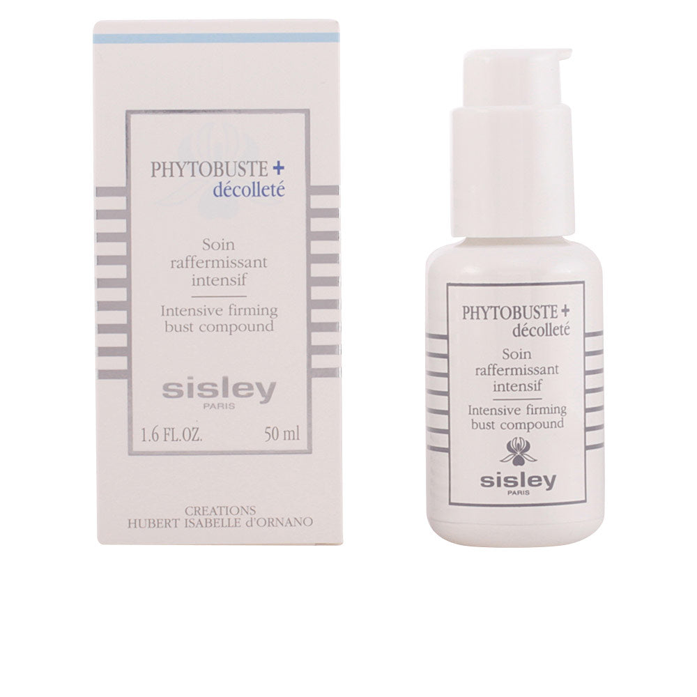 Small white plastic pump bottle with printed label, rectangular box with striped side detailing, Sisley.