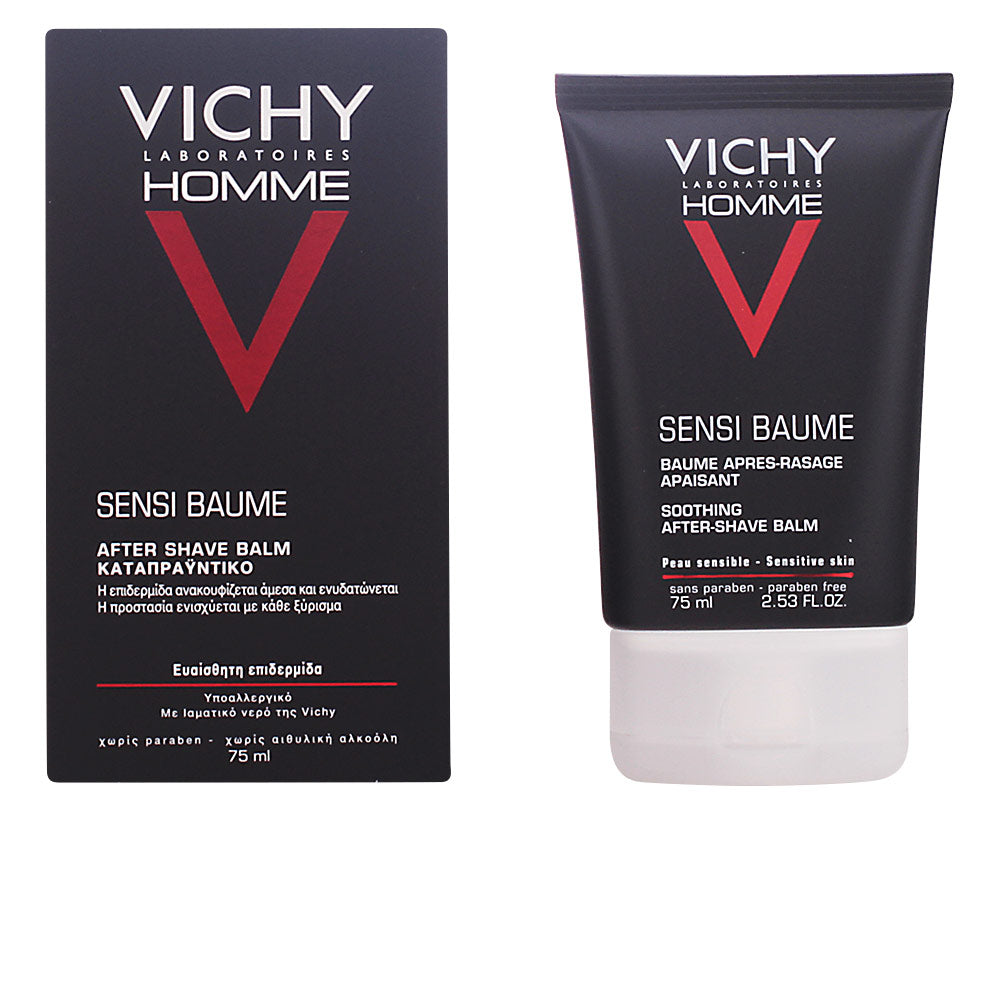 Matte black plastic tube with red V logo, white text and flip-top cap, minimalist packaging by Vichy.