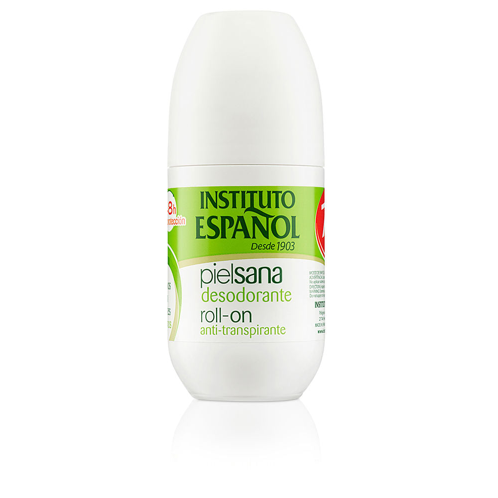 Instituto Español White and green plastic roll-on deodorant with labeled front, visible applicator ball and minimalist printed text
